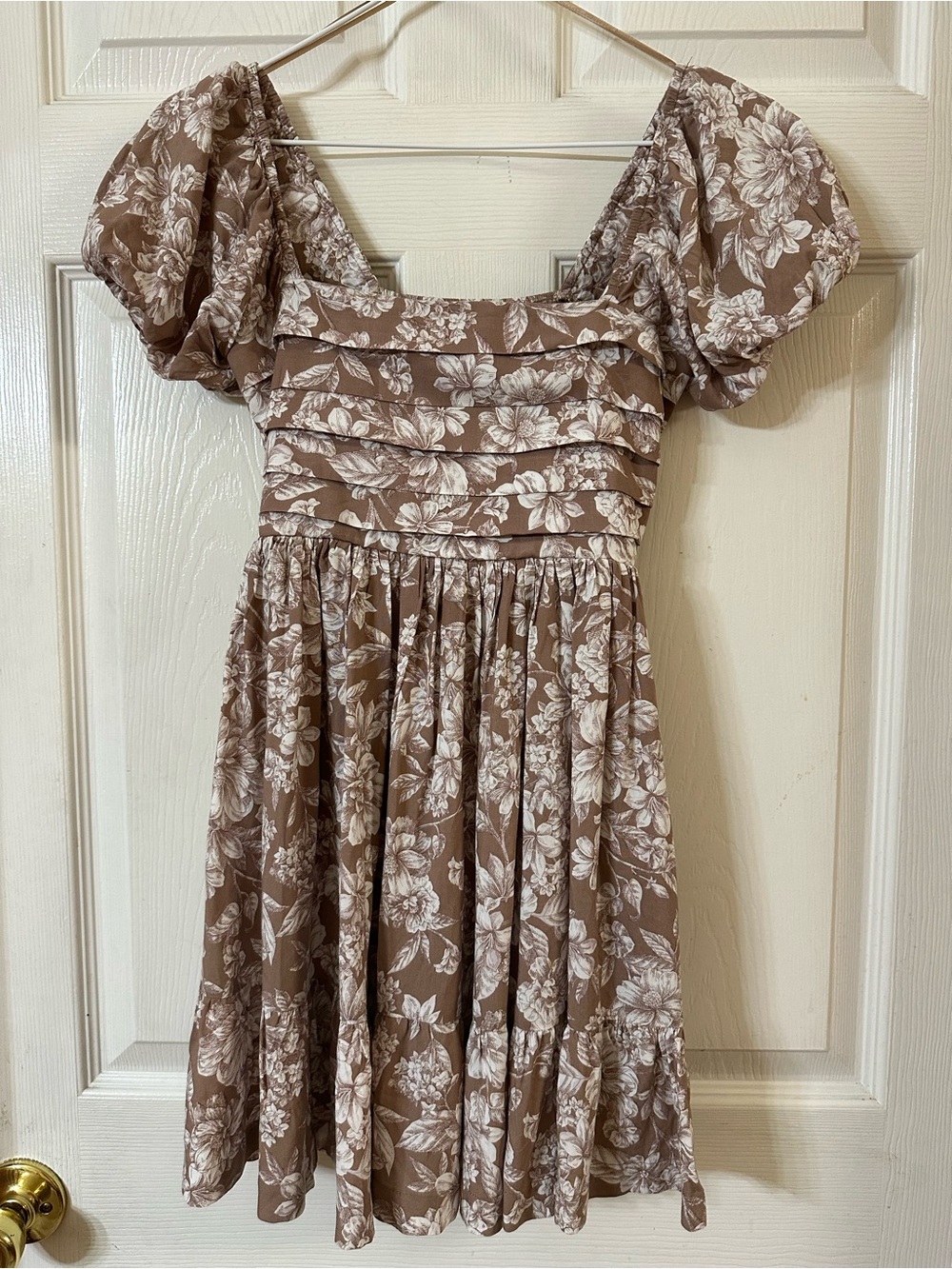 Altar'd State Taupe and White Floral Puff-Sleeve Square Neck Dress